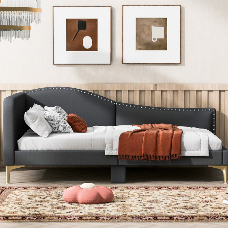 Lit de jour rembourré gris avec accoudoirs - Structure solide, tête de lit moderne et revêtement chaleureux, Spot, Gris