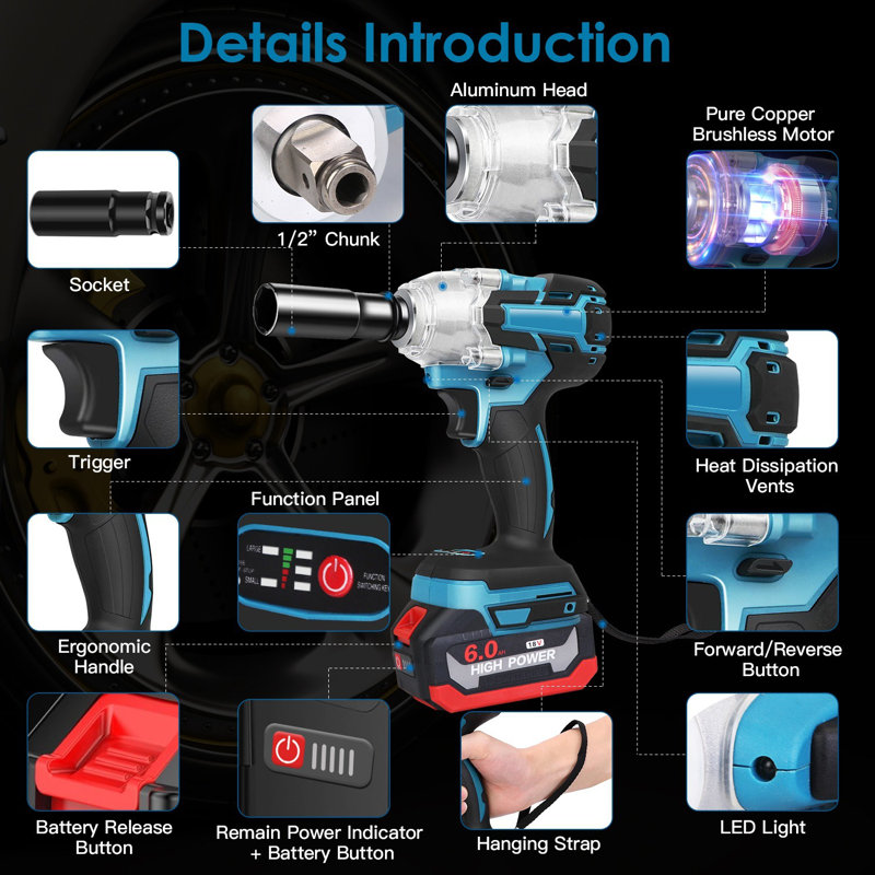 3-In-1 Cordless Electric Impact Wrench Drill, Brushless Motor, Max 3450RPM, Variable Speed