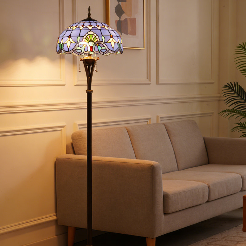 Lampe sur pied 3 lumières de style baroque bleu, vitrail avec sources de lumière