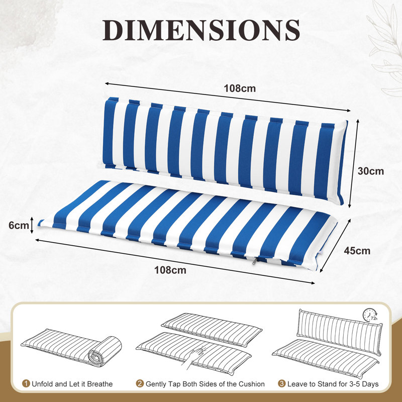 108x45 cm Garden Bench Cushion with Back for 2 Seater, Blue