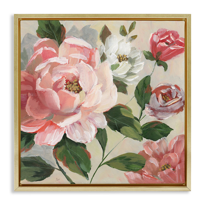 Art mural sur toile flottante avec roses roses et pivoines, design par Nan, H 18 po x l 18 po, Cadre flottant métallique doré