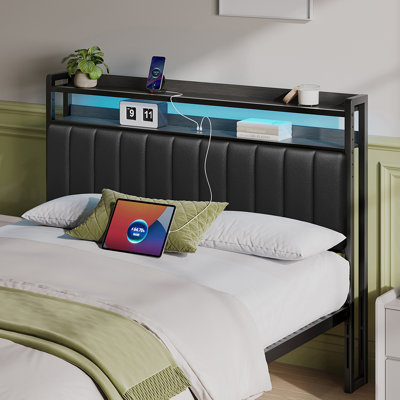 Storage Upholstered Headboard With RGB LED Lights & Charging Station