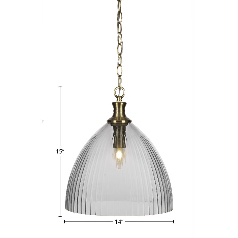 Luminaire suspendu à chaîne Chestle avec verre côtelé transparent de 14 po, Laiton New Age