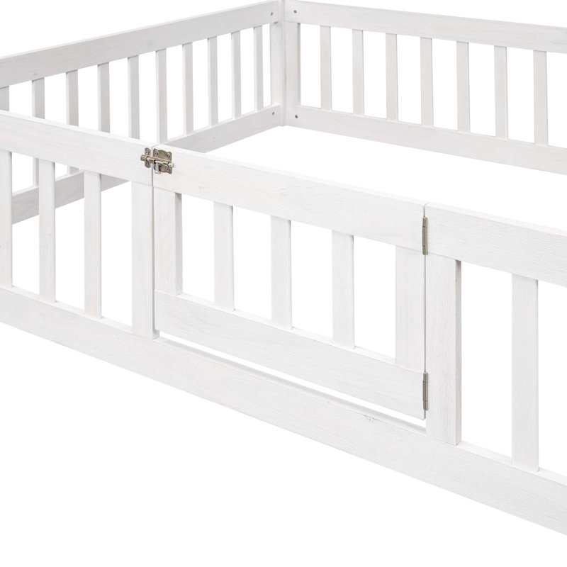Lit en bois avec clôture et porte, Blanc, Double