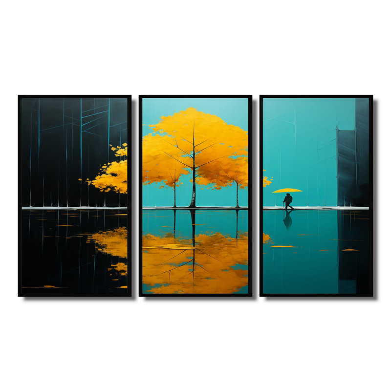 Dan - Ensemble de décoration murale paysage abstrait, Cadre flottant noir, H 32 po x l 48 po x P 1 po