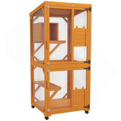 Pawhut Large Cat House With High-Up Resting Box, 71" Wooden Catio With Asphalt Roof, Indoor & Outdoor Cat Enclosure On Wheels, For 1-3 Cats