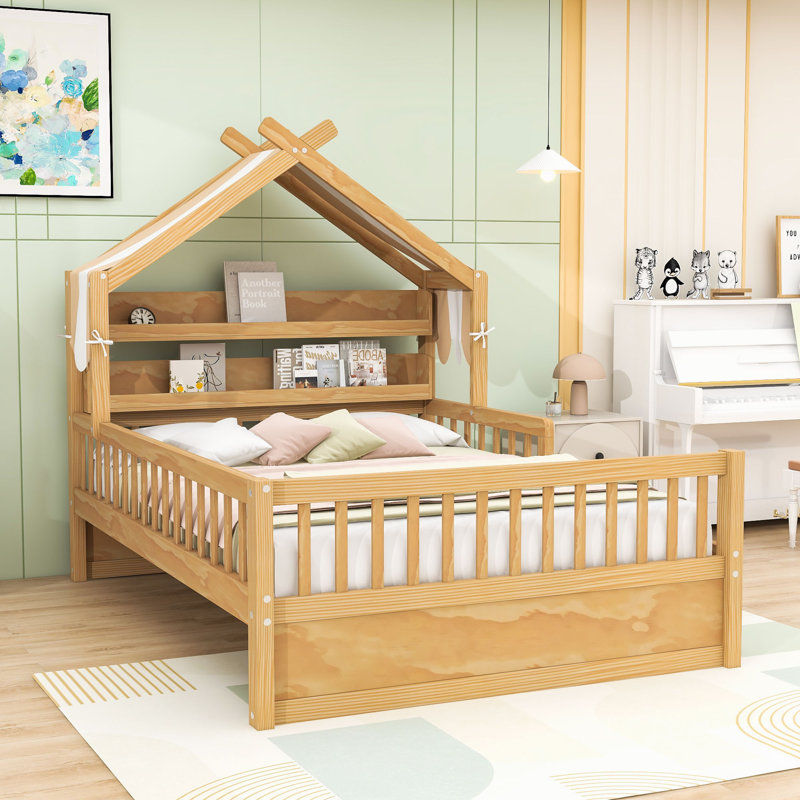 Lit maison en bois avec tablettes de tête de lit, Naturel, Lit double