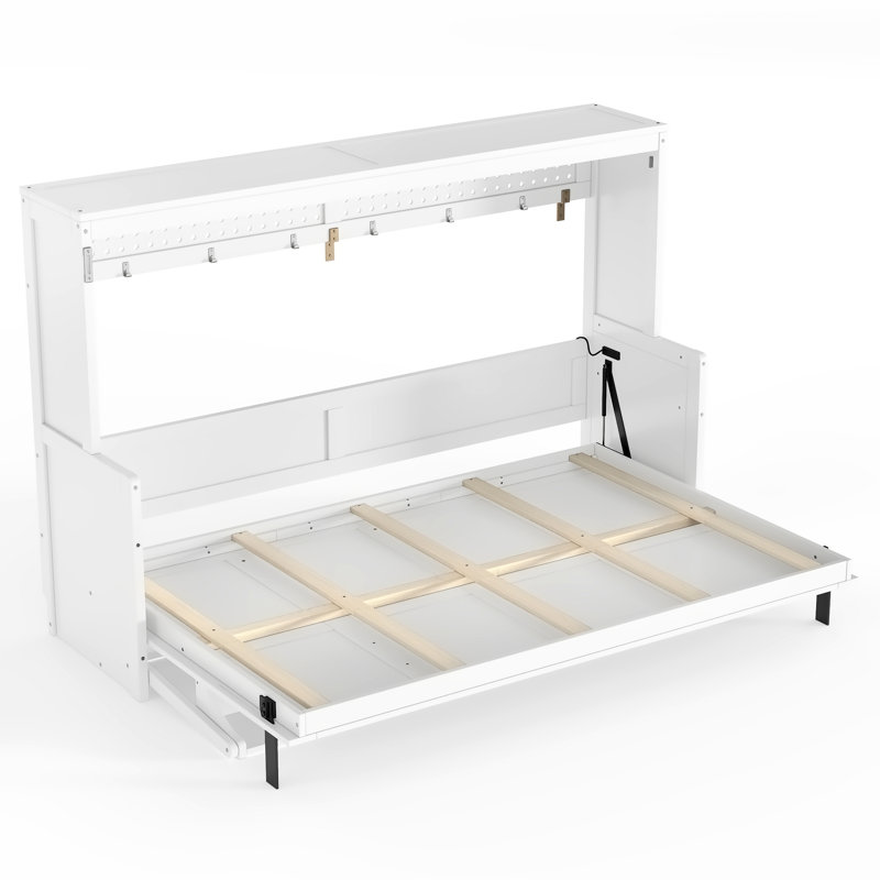 Lit escamotable avec bureau, station de charge USB, lumières DEL, Full, Blanc