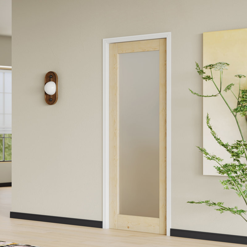 Prehung Door 1-Lite Frosted Glass Interior Door,Natural Wood Finish,Solid Manufactured Wood With Adjustable Jamb & Hardware (Assembly Required)