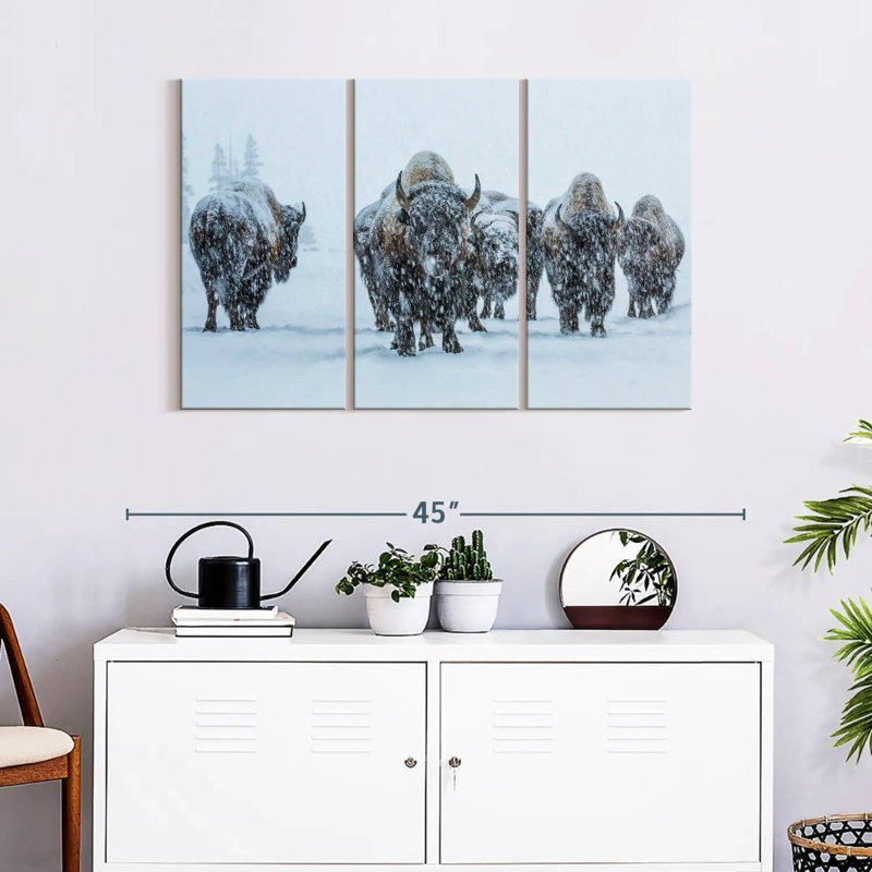 Bisons dans le parc national de Yellowstone sur toile, ensemble de 3 pièces, H 24 po x l 38 po x P 1,25 po