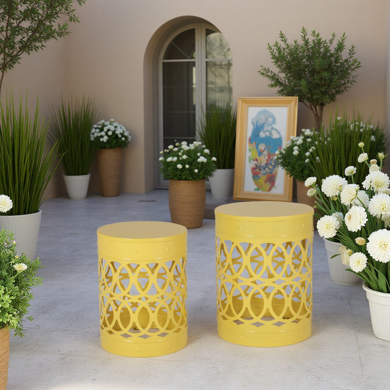 Outdoor Metal S/2 End Table, Yellow