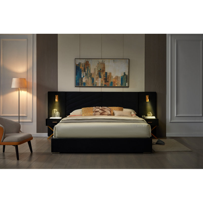 Velvet Upholstered Platform Bed With Wingback Headboard, Built-in Bedside Tables, Led Lights, And Strong Wooden Slats, No Box Spring Needed