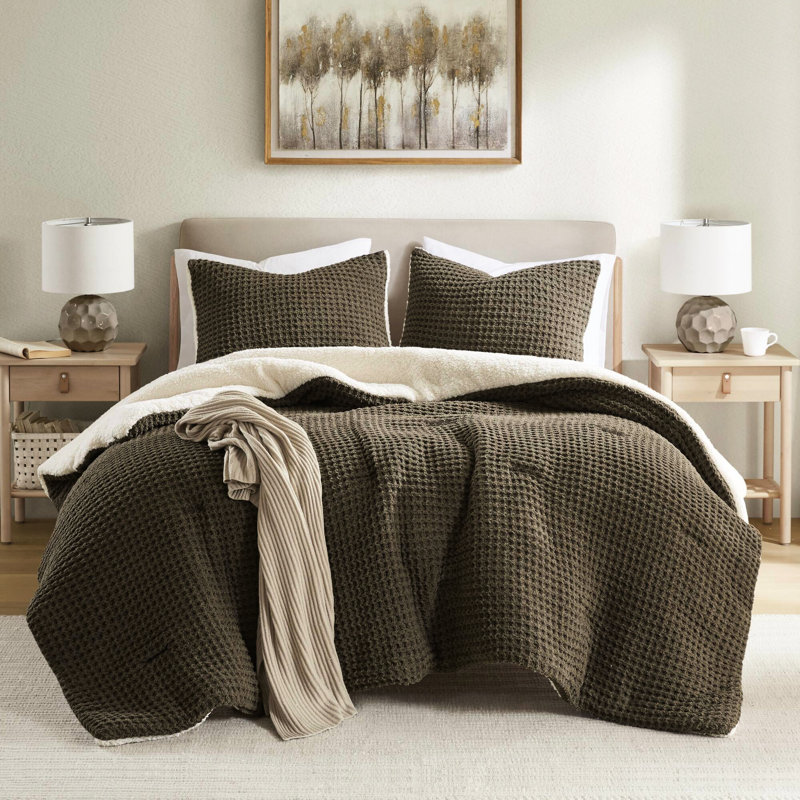 Édredon très grand en chenille tricoté brun gaufré - 100%, 2 taies décoratives assorties, lavable à la machine, couleur intérieure, dossier douillet
