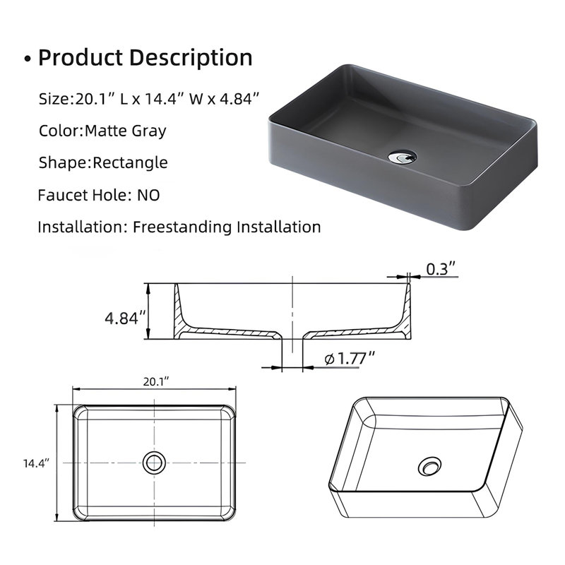 Pensen 20" L X 14" W  Bathroom Basin, Rectangular Vessel Sink, Quartz Stone, Matte Gray