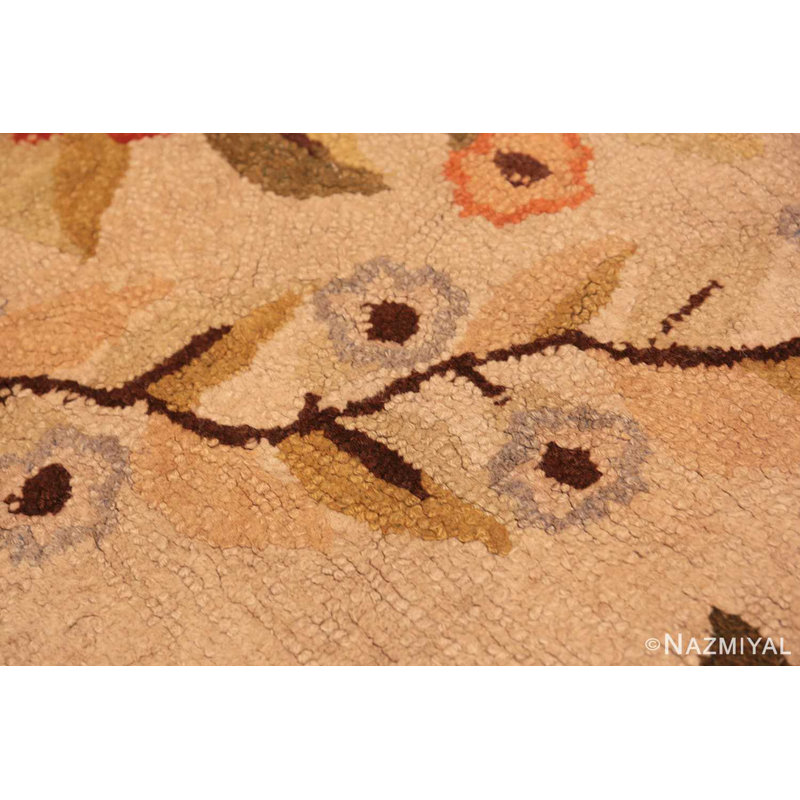 Antique Floral American Hooked Wool Rug in Beige and Brown