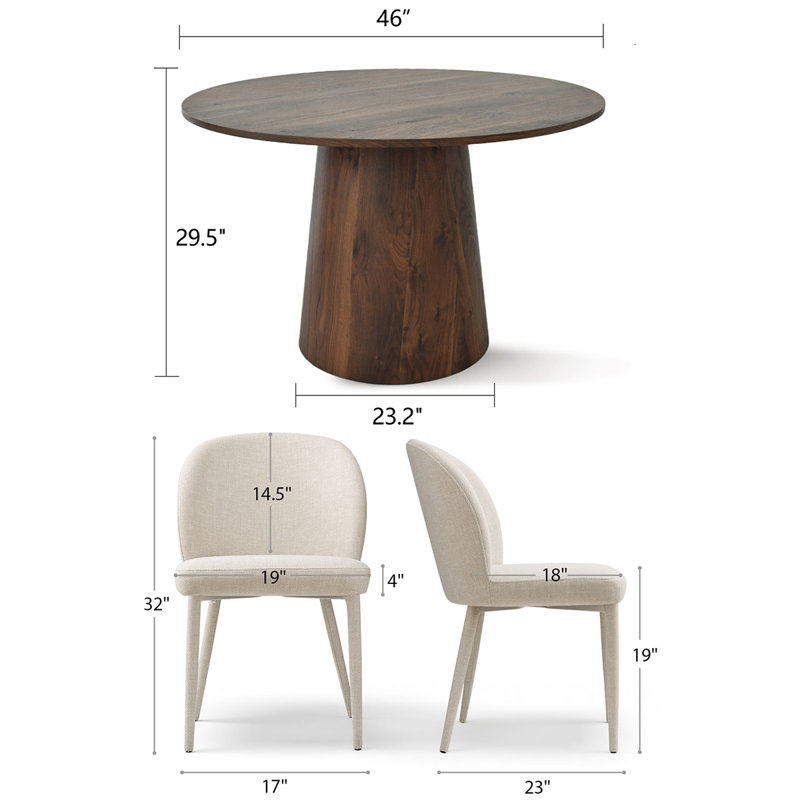 Modern Round Dining Table Set With Upholstered Chenille Dining Chairs, Pedestal Kitchen Table Set For 4, White