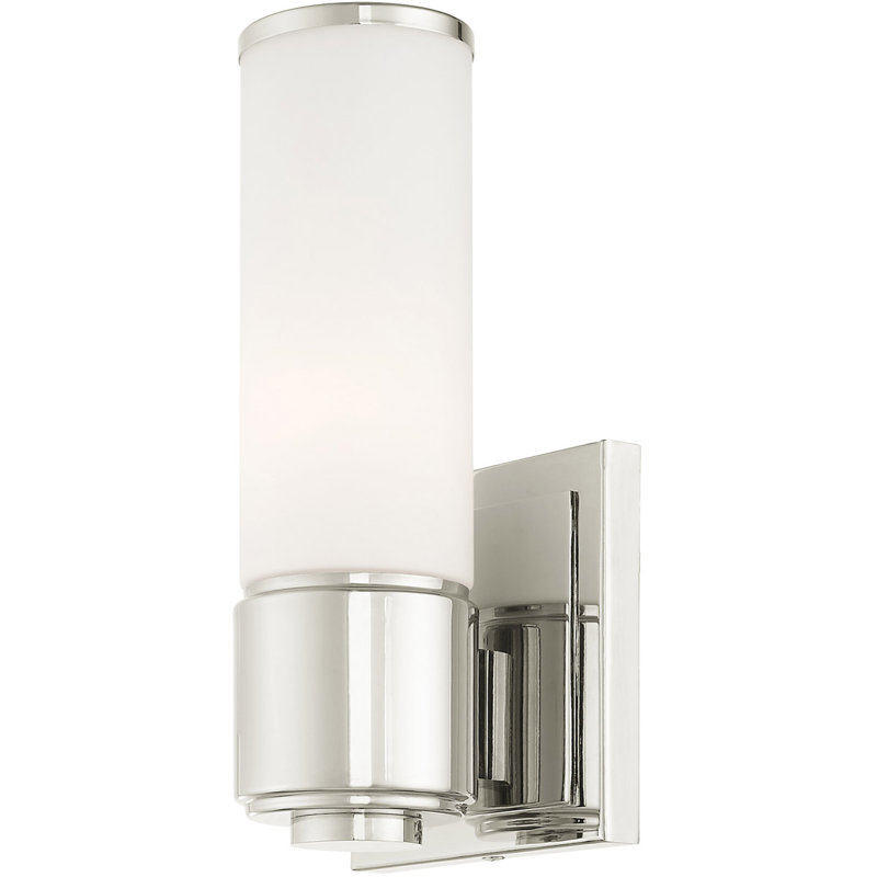 Applique murale en nickel poli - 1 lumière, abat-jour en verre blanc - Idéal pour meuble-lavabo.