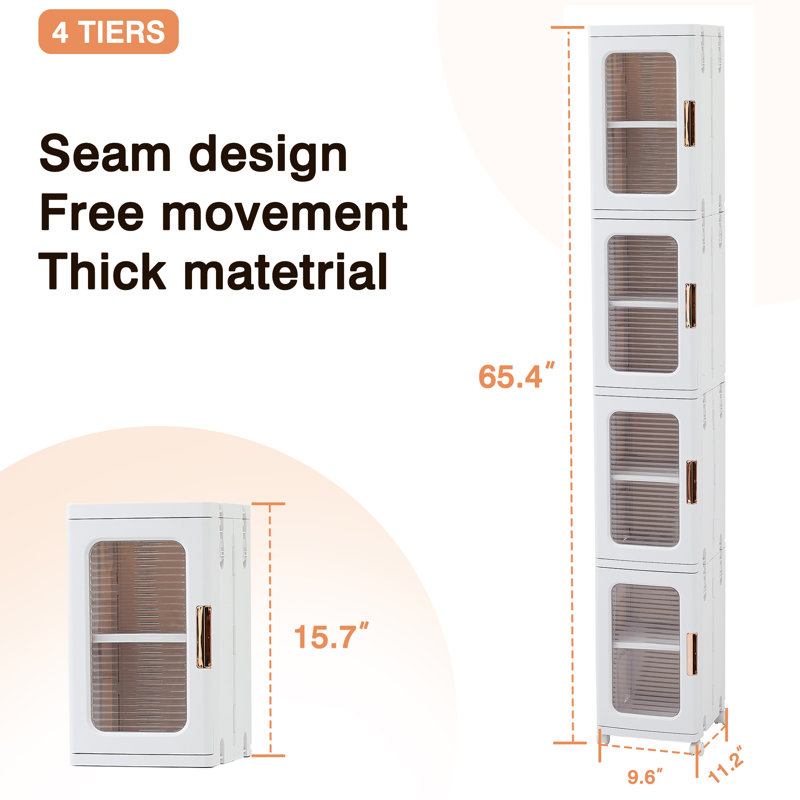 4 Tier Folding Stackable Storage Box, Stackable Storage Drawers On Wheels, Bathroom Floor Cabinet With Doors