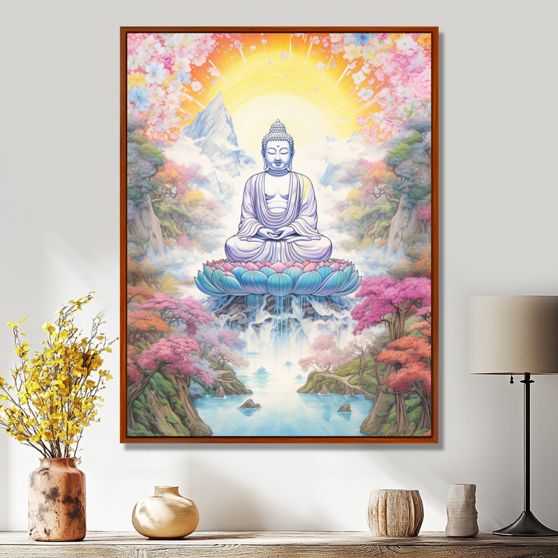 Bouddha blanc dans un jardin céleste pastel II - Bouddhisme, art mural, Toile avec cadre flottant brun