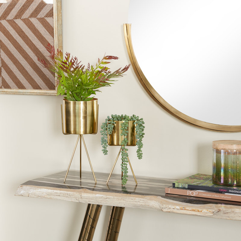 Ensemble de 2 pots de fleurs pour l'intérieur et l'extérieur avec support amovible, Or