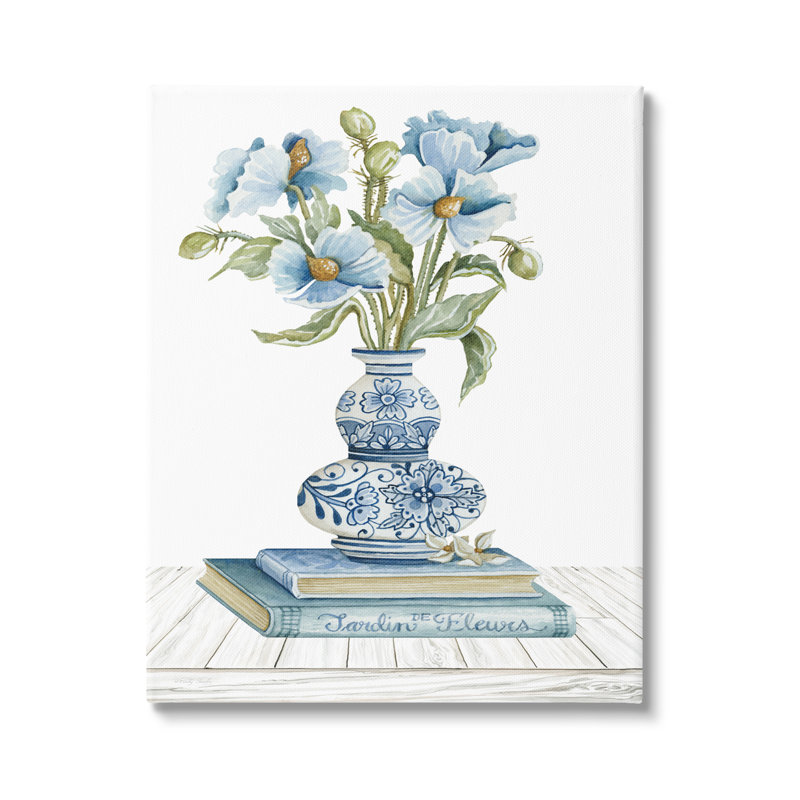 «Blue Flower Arrangement Ornate Pottery Still Life» par Cindy Jacobs - Peinture rectangulaire sur toile