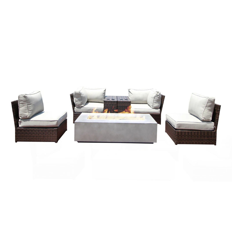 Outdoor 4-Person Wicker Sofa Set With Cushions & Fire Pit – No Assembly Required