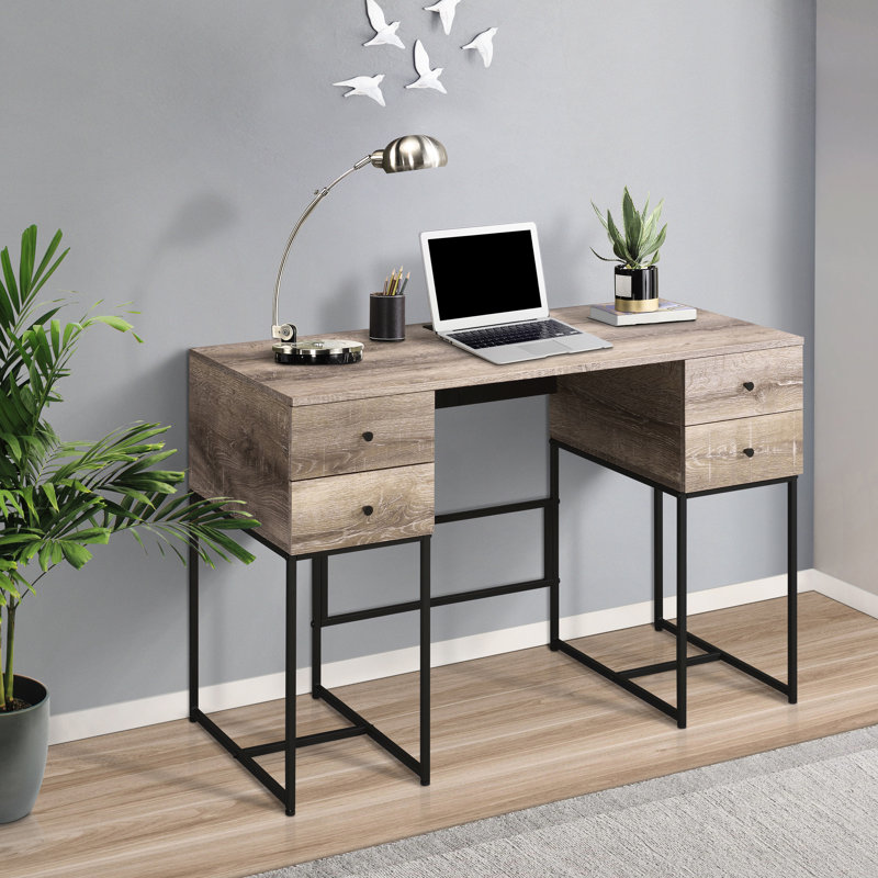 Bureau 4 dans un style chêne rustique - Finition noire avec compartiment d'écriture moderne Port / Work chêne / noir