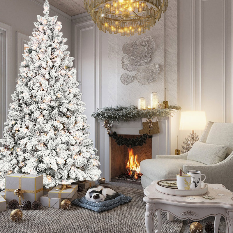 Arbre de Noël 7,5 pi avec motif floqué, 550 lumières UL, 49 pin véritable, branches enneigées, 1474 pointes, assemblage à charnières, support en métal stable - centre de table avec structure, décor rustique des Fêtes
