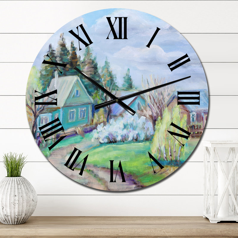 Paysage de printemps avec petites maisons dans le village - horloge murale, Petit