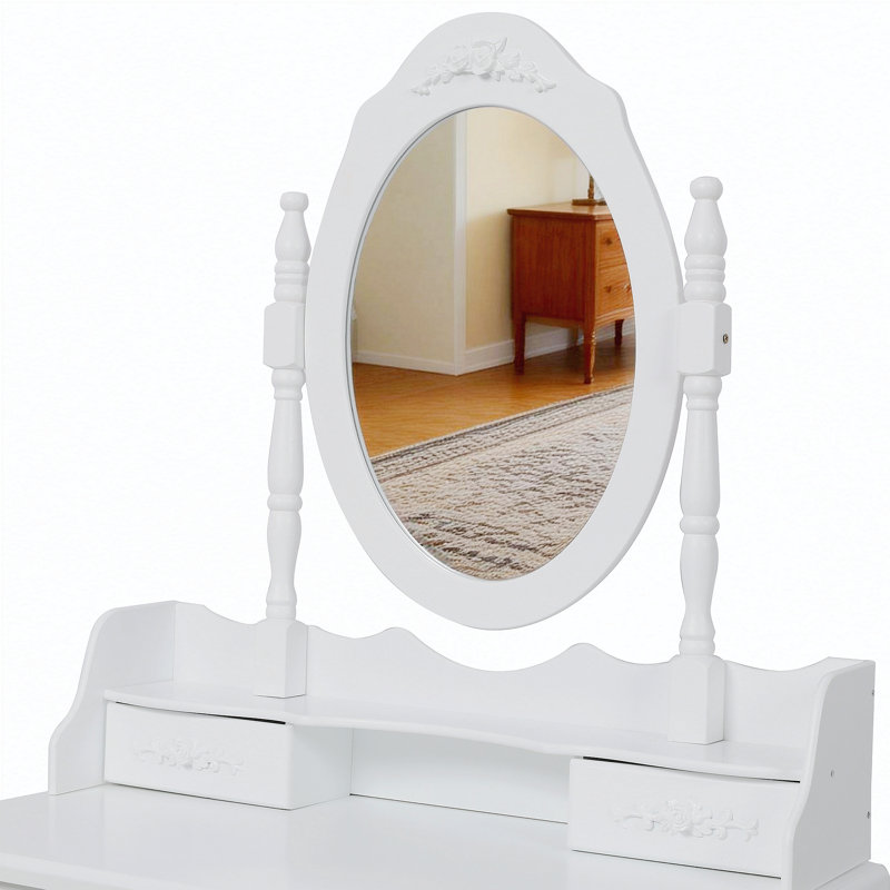 Ensemble de coiffeuse 4 tiroirs avec miroir et tabouret rembourré, Blanc