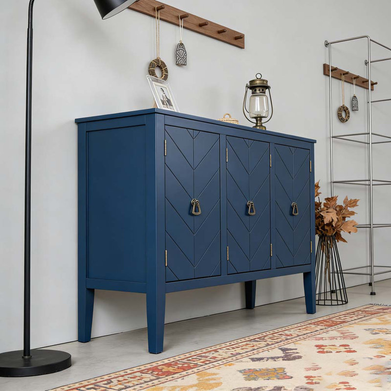 Adjustable Shelf Storage Sideboard with 3 Retro Metal Handles and 4 Pinewood Legs, Navy Blue