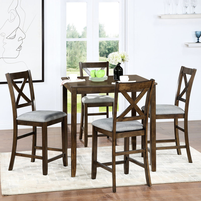 Table de salle à manger à hauteur de comptoir pour 4, 5 tables en noyer avec chaises carrées et rembourrées, Noyer