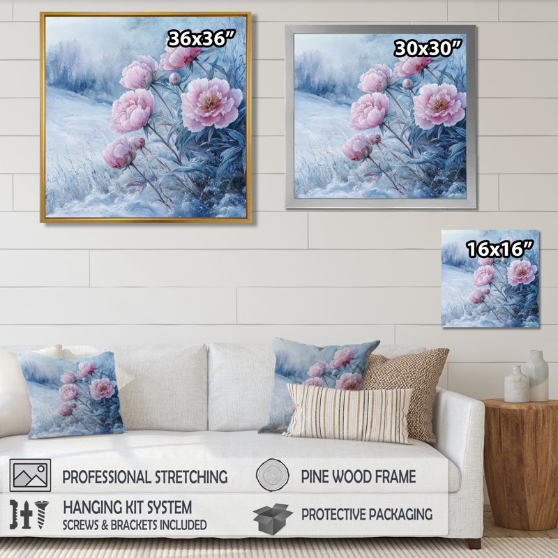 Pivoines dans le champ couvert de givre II - pivoines, art mural, Impression encadrée flottante, Brun, H 16 po x l 16 po
