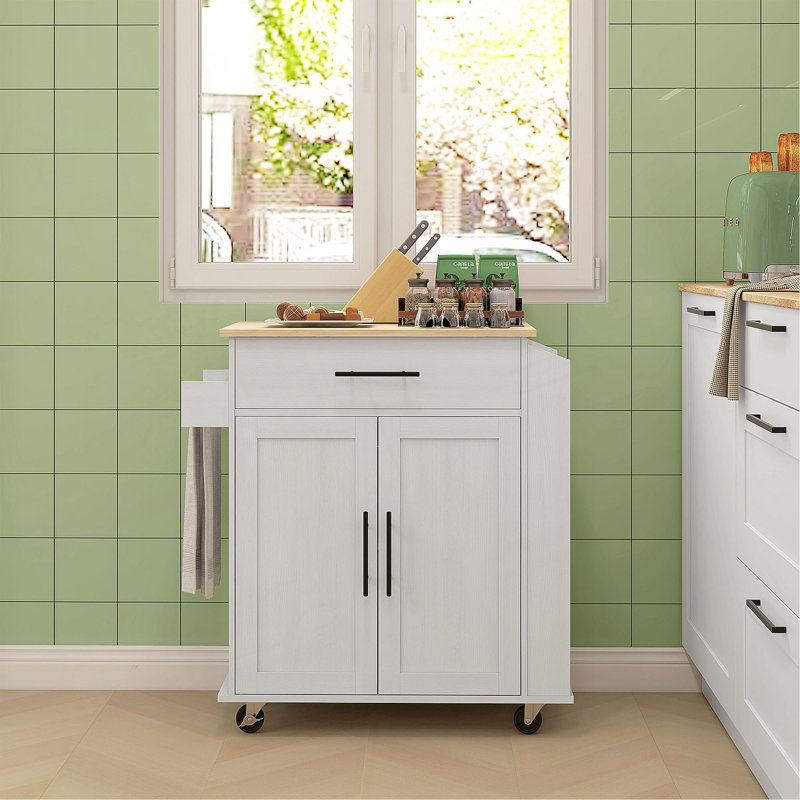 Chariot de cuisine avec plateau en bois manufacturé Sicilee, Blanc