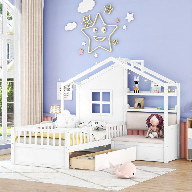 Lit simple avec canapé, lit plateforme pour enfants avec deux tiroirs et tablette de rangement, Blanc