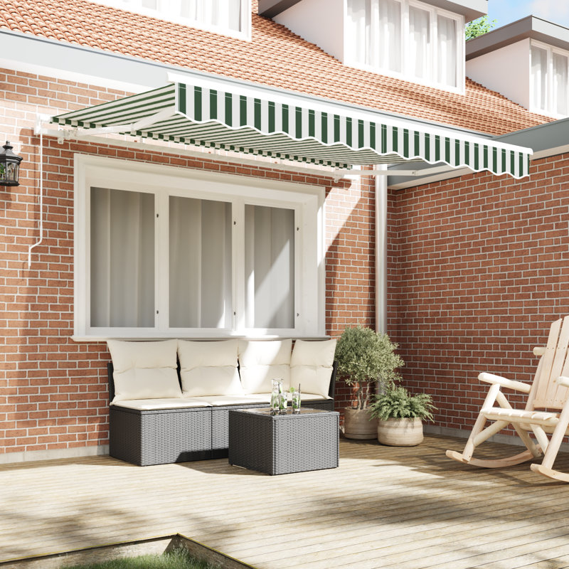 17 Stories Polyester Cover Retractable Patio Awning, 330 cm W x 195 cm D, Green/White Striped