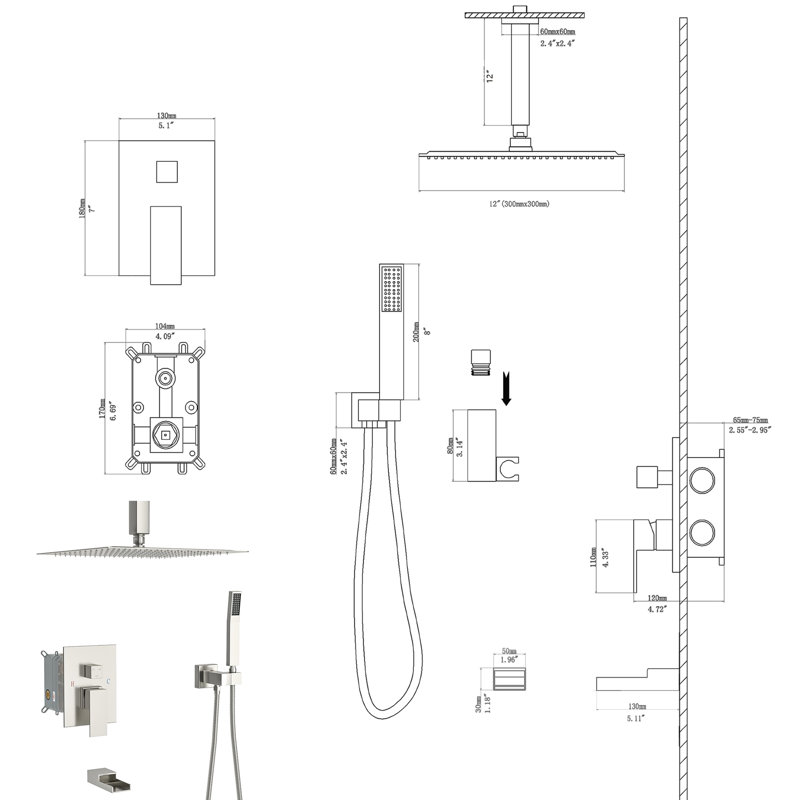 Système de douche de plafond en nickel brossé - douchette carrée 12 "à 3 fonctions, valve de pluie et de poche Installation facile et propreté avec désinfection
