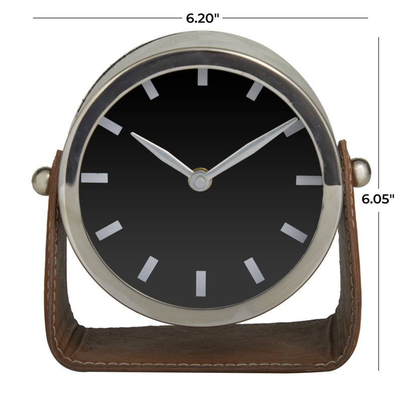 Horloge décorative en acier inoxydable avec support en cuir, H 6,05 po x l 6,20 po x P 2,85 po, Argent