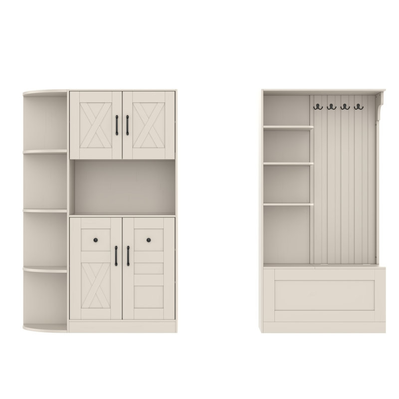 Multifunctional left-right combination hall cabinet (can be used separately) with storage and 4 hooks, Beige