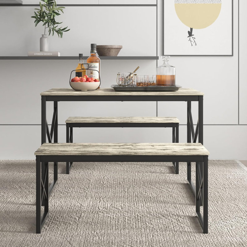 Grey 3-Piece Dining Table Set With Benches – Kitchen, Small Space, Farmhouse, 30" H x 27.6" W x 43.3" D