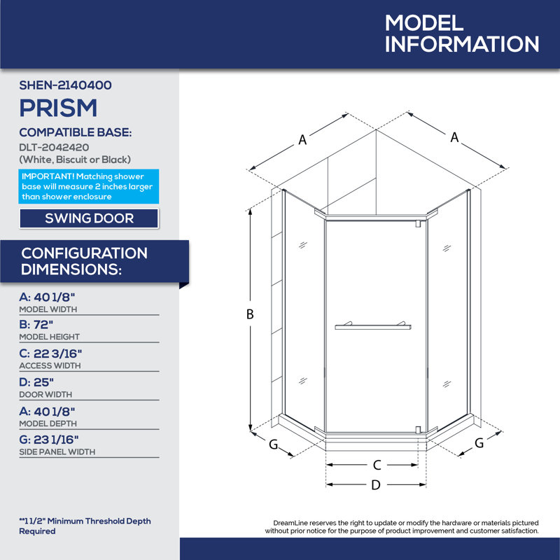 DreamLine Prism 42" x 74.75" Neo-Angle Pivot Shower Enclosure, Biscuit, Chrome