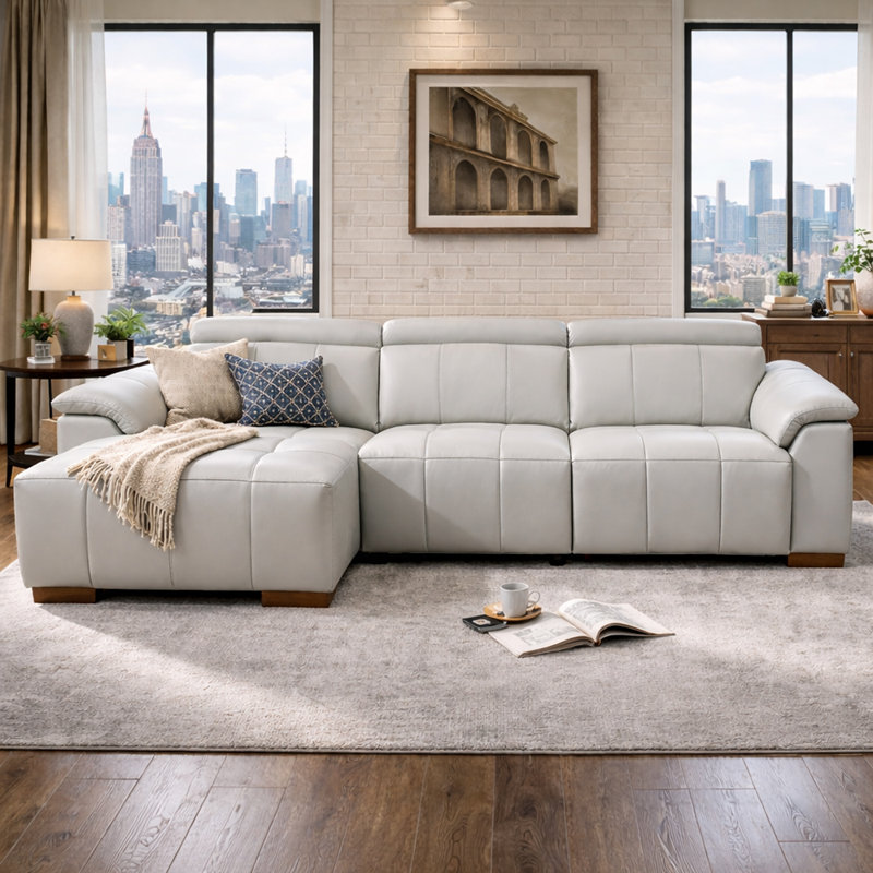 Canapé inclinable en L avec méridienne, canapé modulaire en cuir véritable moderne, canapé-lit à commande électrique avec appui-tête et repose-pieds