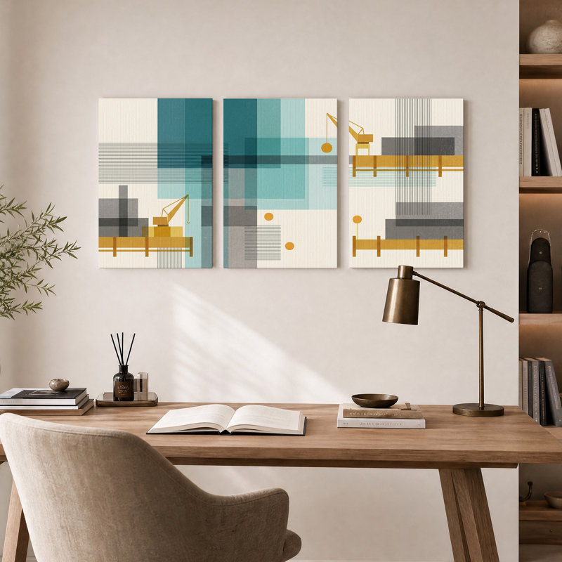 Ensemble de 3 toiles murales représentant des grues géométriques turquoise et or, H 18 po x l 12 po x 3 pièces