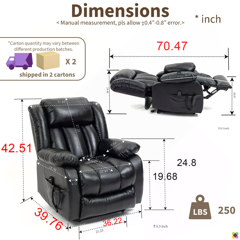 Annettia 36.22" W 180° Flat Lay Genuine Leather Match Power Recliner, Massage Heater Lifting Chair, Black