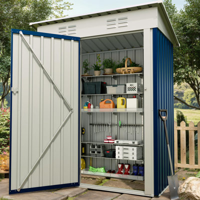 Heavy Duty Metal Outdoor Storage Shed 5x3FT – Sloped Roof, Lockable Single Door, Weatherproof Tool Organizer for Backyard, Garden, Patio (Navy Blue)