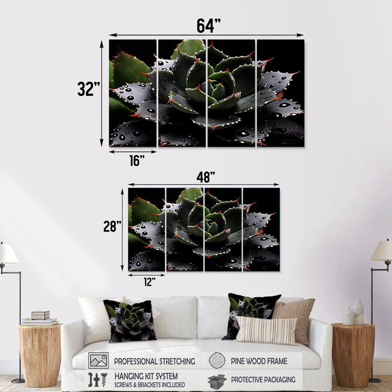 «Black Blooming Cactus», ensemble d'art mural 4 pièces Cactus, H 28 po x l 48 po