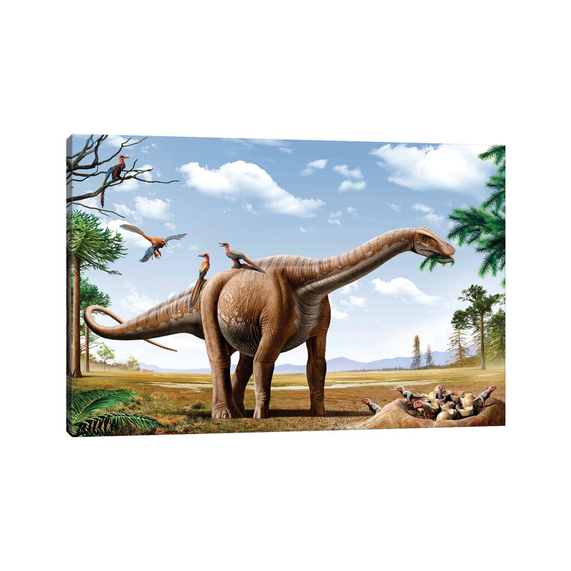 A Rapetosaurus Feeding On Leaves With Rahonavis On Its Back by Mohamad Haghani - Wrapped Canvas Painting