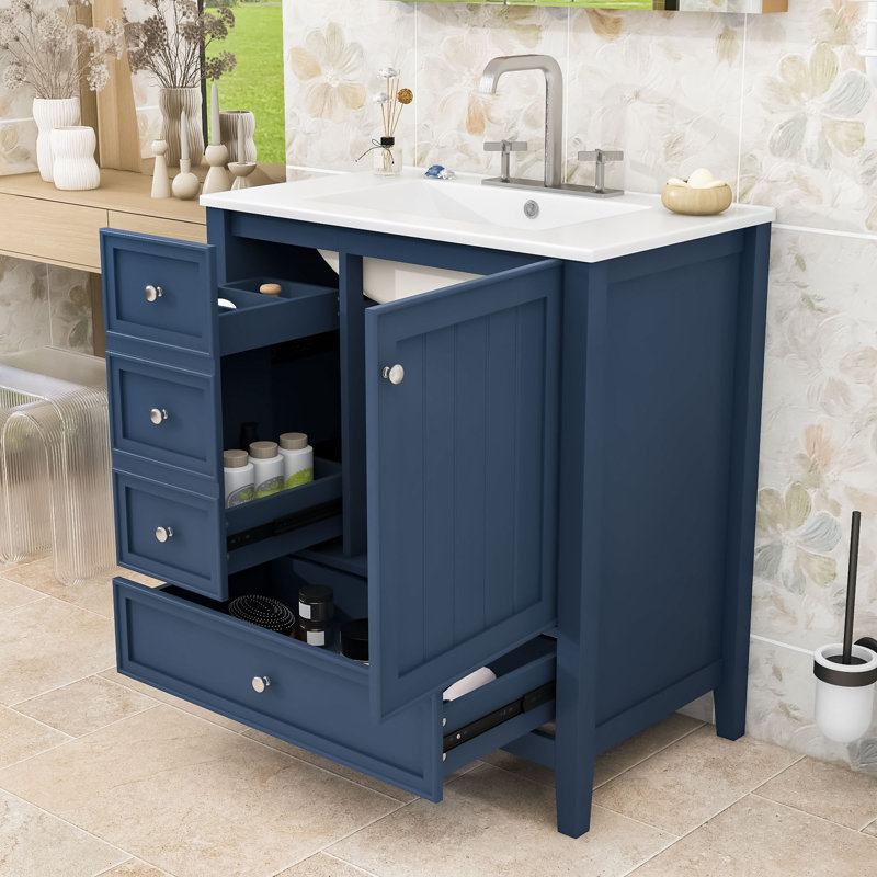 Meuble-lavabo 30 po avec lavabo en céramique, 3 tiroirs et armoire de rangement, Blue