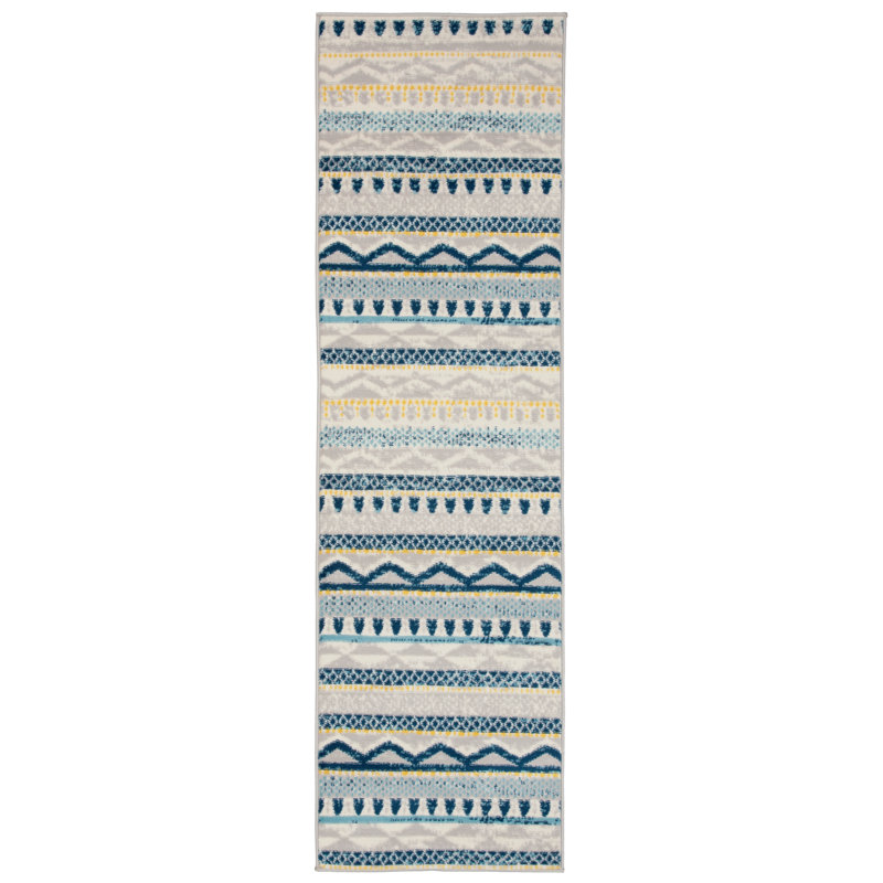 Ezzelino Geometric Blue/Beige/Yellow Area Rug, Runner 2' x 7'