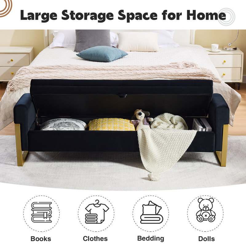 67'' W Modern Upholstered Flip Top Velvet Storage Bedroom Bench, Black Velvet